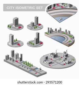 A large set of isometric city map with lots of buildings, skyscrapers, roads and factories