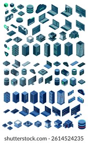Large set of isometric computer technology. Isometric set server equipment. Modern technology concept for cloud computing, datacenter, database. Isometric technology