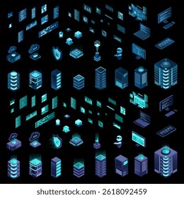 Large set of isometric computer technology. Isometric set server equipment. Modern technology concept for cloud computing, datacenter, database. Isometric technology