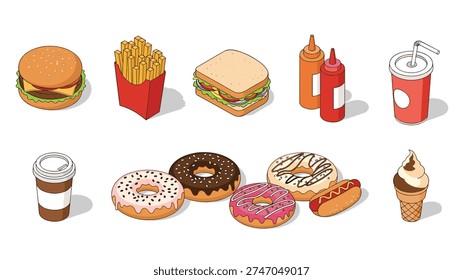 Large set of isometric fast food icons including burgers, fries, sandwiches, donuts, hot dogs, ice cream, and drinks for menu design.