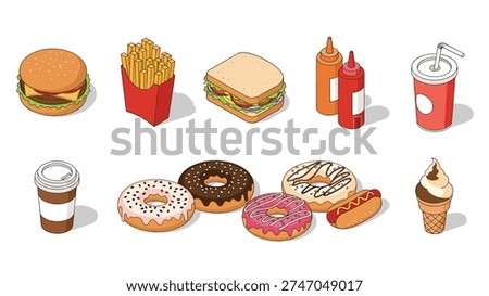 Large set of isometric fast food icons including burgers, fries, sandwiches, donuts, hot dogs, ice cream, and drinks for menu design.