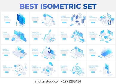 Large set of isometric illustrations with characters for landing page, advertisement or presentation. Data analysis, management, SEO, online shopping and startup business.