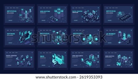 Large set of isometric landing page template. Modern technology concept for data center, web hosting, and artificial intelligence. Isometric technology