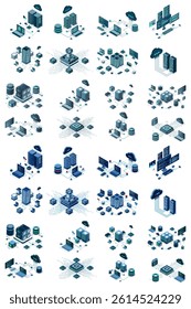 Large set of isometric modern technology concept for cloud computing, datacenter, database, artificial intelligence, and blockchain technology. Isometric technology