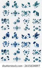 Large set of isometric modern technology concept for cloud computing, datacenter, database, artificial intelligence, and blockchain technology. Isometric technology