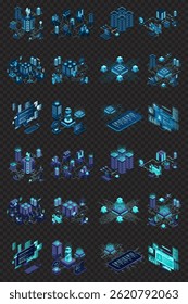 Large set of isometric modern technology concept for cloud computing, datacenter, database, artificial intelligence, and blockchain technology. Isometric technology