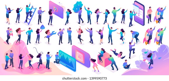 Large Set of Isometric teenagers in bright clothes with different poses and gestures. Website and mobile application design kit.