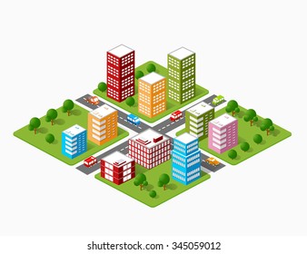 A large set of isometric urban objects. A kit of modern buildings, skyscrapers, houses, supermarkets, roads and streets.