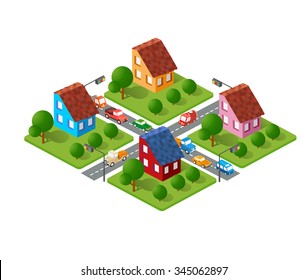 A large set of isometric urban objects. A kit of modern buildings, skyscrapers, houses, supermarkets, roads and streets.