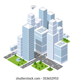 A large set of isometric urban objects. A kit of modern buildings, skyscrapers, houses, supermarkets, roads and streets.
