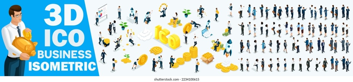 Large set of isometrics, 3D Businessmen and businesswomen Europeans and African Americans. Investors, bankers, employees, ICO.