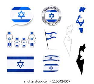 Large set of Israel infographics elements with flags, maps and badges isolated on white