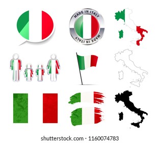 Gran conjunto de elementos gráficos italianos con banderas, mapas y placas aisladas en blanco