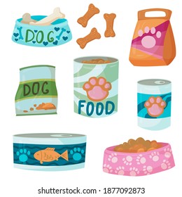 A large set of items for cats or dogs. animal feed. Animal accessories Hand-drawn element from a set of doodles. Isolated illustration on a white background.