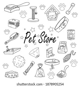 A large set of items for cats or dogs. toys for animals. Animal accessories Hand-drawn element from a set of doodles. Isolated illustration on a white background.