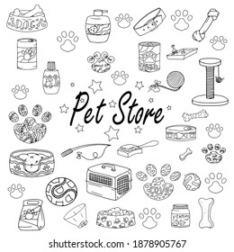 A large set of items for cats or dogs. toys for animals. Animal accessories Hand-drawn element from a set of doodles. Isolated illustration on a white background.