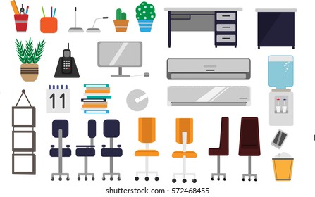 a large set of items for the office which includes a table, chairs of various kinds, watches, computer, laptop, papers, stand, plants, vases, and more