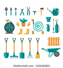 Large set of items on agricultural theme: Rake, shovel, wheelbarrow, watering can, hose, drawer, etc. Garden tools. Care and cultivation of plants