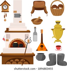 A large set of items of Russian traditional cuisine and household items. Vector illustration on a white background.