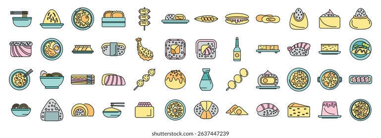Large set of japanese food icons representing traditional dishes and culinary culture