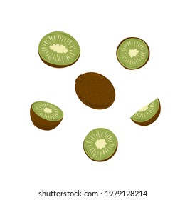 Large set of juicy green kiwi fruits on a white background. Whole and cut pieces
