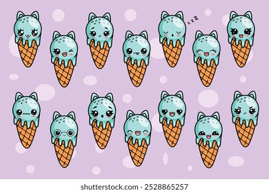  A large set of kawaii ice cream with cat ears and a cute face. Different kawaii emotions.Vector illustration.