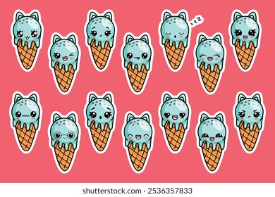  A large set of kawaii ice cream stickers with cat ears and a funny face. Various Kawaii emotions.Vector illustration