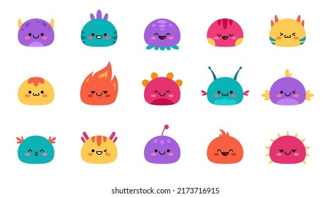 Gran kawaii de monstruos. Hermosos monstruos de dibujos animados y alienígenas. Personajes infantiles para juegos y aplicaciones. Ilustración vectorial aislada en fondo blanco.