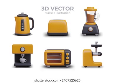 Gran conjunto de electrodomésticos de cocina al estilo de las caricaturas. Calentador, tostadora, batidora, cafetera, horno microondas, juicer. Dispositivos eléctricos aislados en fondo blanco