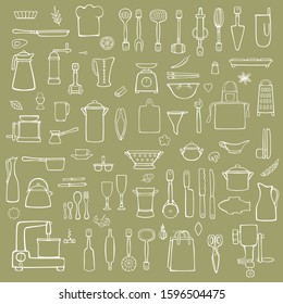 Large Set of kitchen and cook equipment, spices, cap of the chef . Hand linear black and white drawing, vector illustration isolated. 