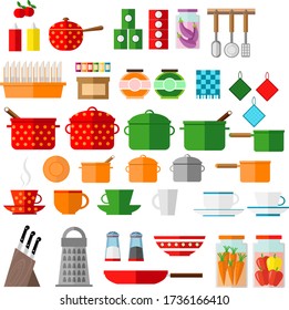 A large set of kitchen equipment: dishes, food, table equipment. Vector illustration on a white isolated background.