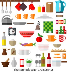 Un gran equipamiento de cocina: platos, comida, equipamiento de mesa. Ilustración vectorial en un fondo blanco aislado.