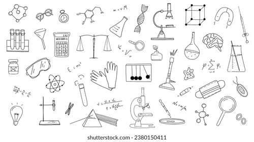  Gran conjunto de instrumentos de laboratorio. Máscaras, microscopios y más. Instrumentos para experimentos químicos y físicos