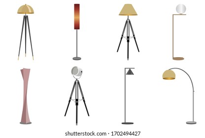 A large set of lamps. Floor lamps. Floor lamps for home energy furniture of modern equipment. Vector illustration of light bulb isolated electric interior energy furniture.