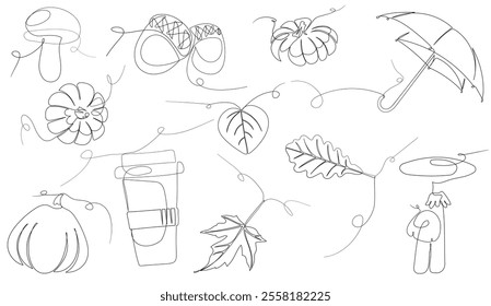 A large set in lanart styles from: mushroom, pumpkin, umbrella, coffee, acorn, autumn leaves. Black graceful continuous line of elements