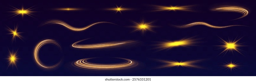 A large set of light effects in the form of flashes, glare, light dust, sun and yellow stars, winding stripes, neon circles and speed lines. Gold light spiral effect. Glittering wavy trail.	