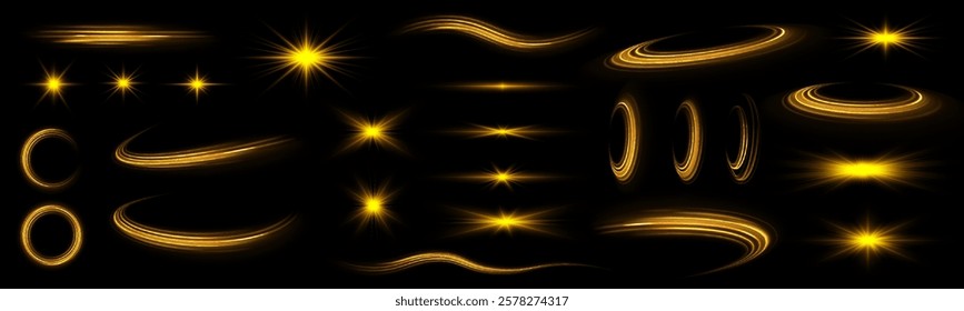 A large set of light effects in the form of flashes, glare, light dust, sun and yellow stars, winding stripes, neon circles and speed lines. Gold light spiral effect. Glittering wavy trail.	