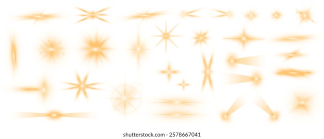 A large set of light effects in the form of flashes, glare, light dust, sun and yellow stars on a transparent background in PNG format.	