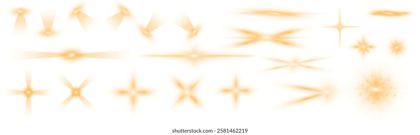 A large set of light effects in the form of flashes, glare, light dust, sun and yellow stars on a transparent background in PNG format.	