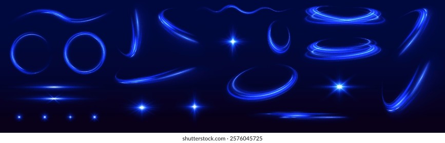 A large set of light effects, stars, curved lines, elements of speed, glare, flashes on a black background. . Abstract vector fire circles, sparkling swirls and energy light spiral frames.	