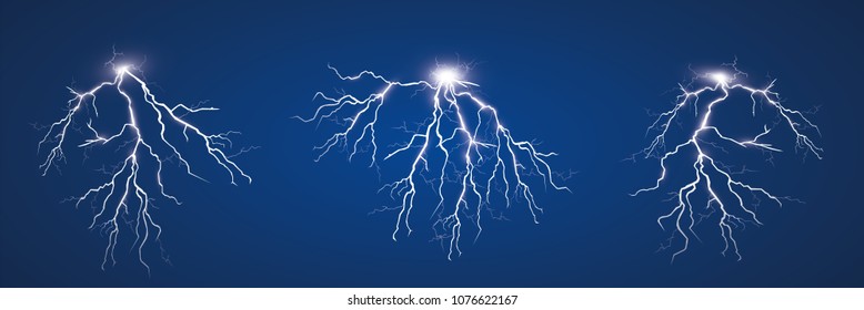 A large set of lightning. Thunderstorm and lightning. Magic and bright light effects.