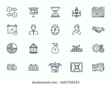 Large set of line black and white business and finance icons with graphs and charts, people, dollars, money and banking concepts isolated on white