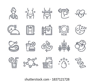 Large set of line black and white drawn diet icons depicting healthy fresh food and takeaways, tape measure, dieting, waistline and exercise, vector illustration