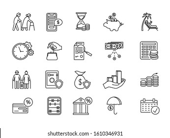 Large set of line drawing icons for pension and retirement planning with financial, banking, charts, graphs, money, old age, pension, planning and credit card over white, vector illustration