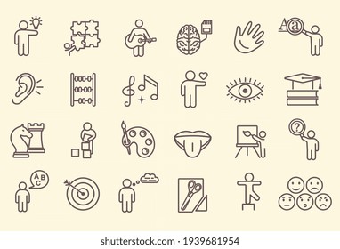 Large set of line drawn icons depicting Cognitive Abilities and Preschool Development of Children showing a wide range of skills, sensory organs and expertise, vector illustration design elements