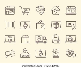 Large set of line drawn shopping and store icons depicting payment, shop fronts, delivery, purchase, marketing and sales, vector illustration