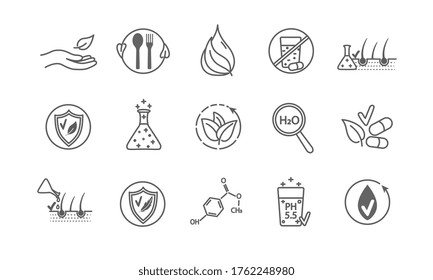 Large set of line drawn vector health and wellness icons showing research , treatments, supplements, healthy diet, water end eco concepts on white