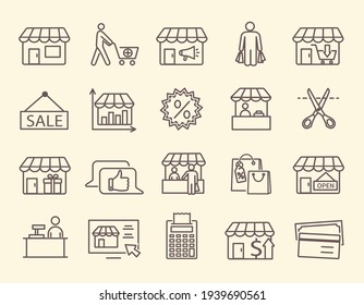 Large set of line icons for a market with assorted store fronts and stalls, sale notices, purchase and delivery symbols, vector illustration
