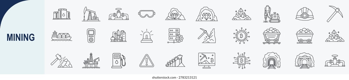 Large Set of Line Style Mining Icons for Industrial Coal Extraction and Energy Production Business