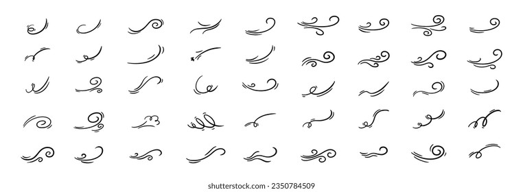 Un gran conjunto de vientos. Aire, viento, gire en estilo de ilustración de doodle. Ilustración del vector sobre fondo blanco